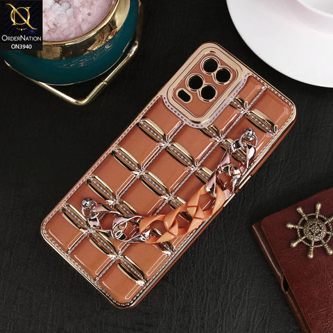 Oppo A54 4G Cover - Brown - 3D Electroplating Square Grid Design Soft TPU Case With Chain Holder
