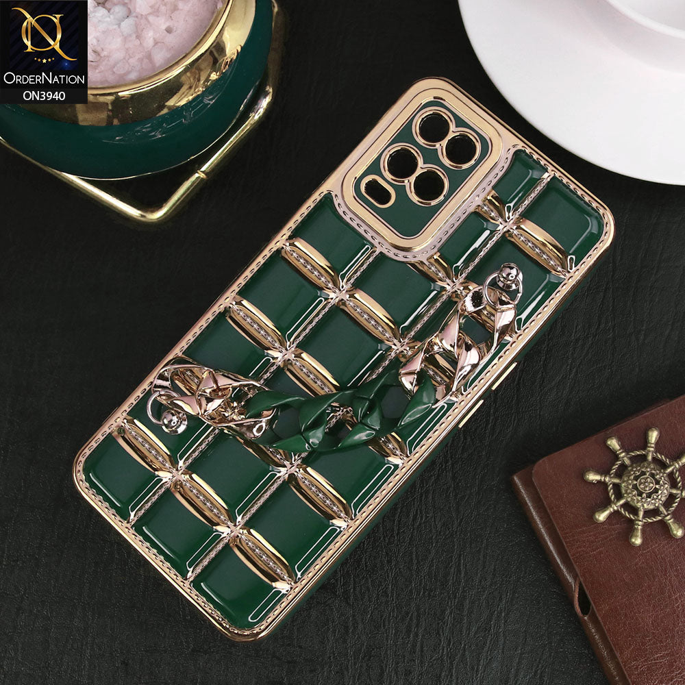 Oppo A54 4G Cover - Dark Green - 3D Electroplating Square Grid Design Soft TPU Case With Chain Holder