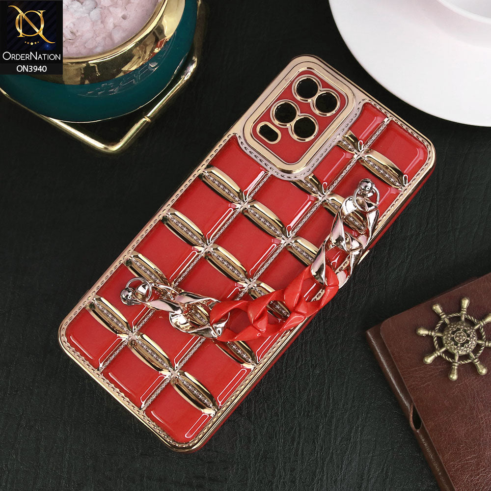 Oppo A54 4G Cover - Red - 3D Electroplating Square Grid Design Soft TPU Case With Chain Holder