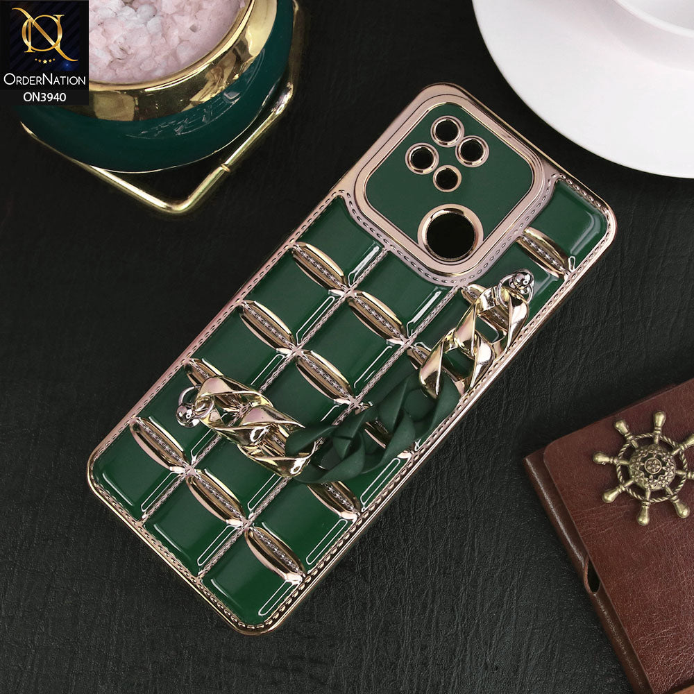 Xiaomi Redmi 10C Cover - Dark Green - 3D Electroplating Square Grid Design Soft TPU Case With Chain Holder