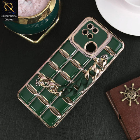 Xiaomi Redmi 10C Cover - Dark Green - 3D Electroplating Square Grid Design Soft TPU Case With Chain Holder