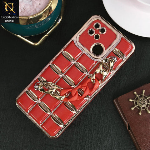 Xiaomi Redmi 10C Cover - Red - 3D Electroplating Square Grid Design Soft TPU Case With Chain Holder