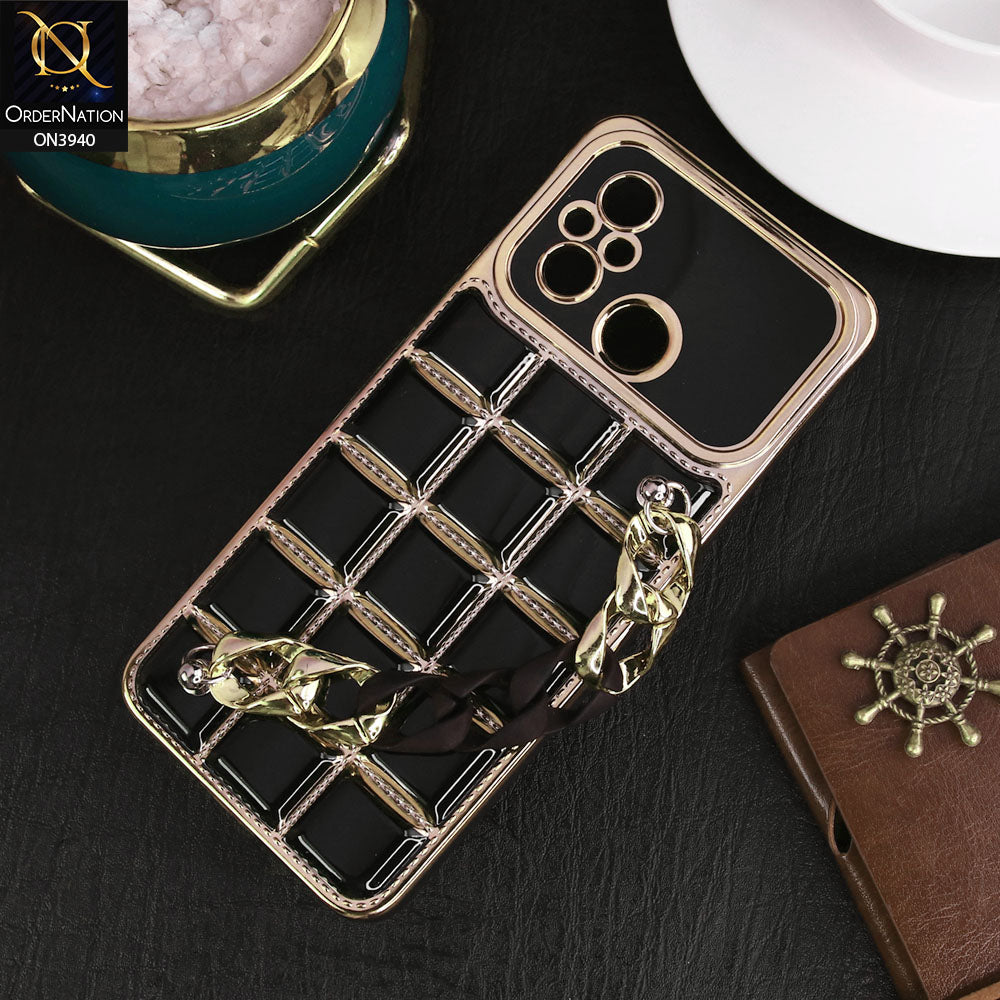 Xiaomi Redmi 12C Cover - Black - 3D Electroplating Square Grid Design Soft TPU Case With Chain Holder