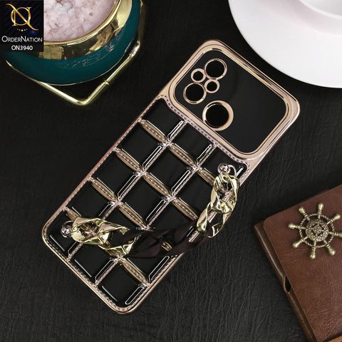Xiaomi Redmi 12C Cover - Black - 3D Electroplating Square Grid Design Soft TPU Case With Chain Holder