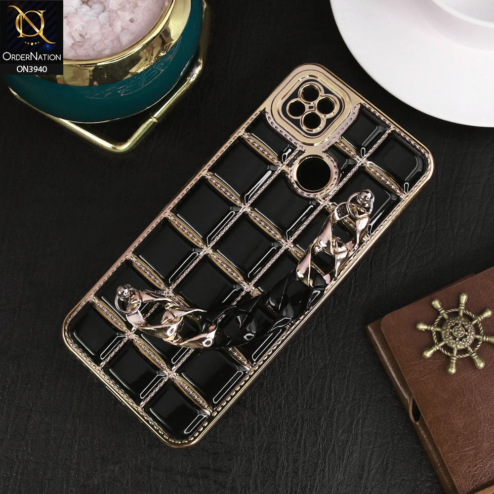 Xiaomi Redmi 10A Cover - Black - 3D Electroplating Square Grid Design Soft TPU Case With Chain Holder