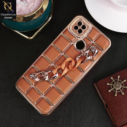 Xiaomi Redmi 9C Cover - Brown - 3D Electroplating Square Grid Design Soft TPU Case With Chain Holder
