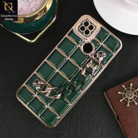Xiaomi Redmi 10A Cover - Dark Green - 3D Electroplating Square Grid Design Soft TPU Case With Chain Holder