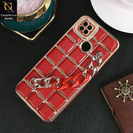 Xiaomi Redmi 10A Cover - Red - 3D Electroplating Square Grid Design Soft TPU Case With Chain Holder