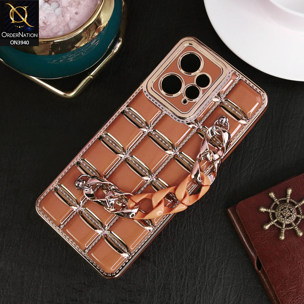 Xiaomi Redmi Note 12 4G Cover - Brown - 3D Electroplating Square Grid Design Soft TPU Case With Chain Holder
