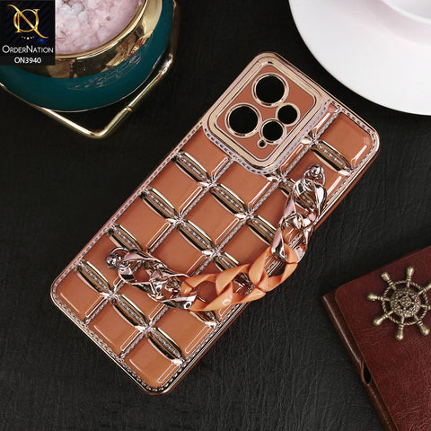 Xiaomi Redmi Note 12 4G Cover - Brown - 3D Electroplating Square Grid Design Soft TPU Case With Chain Holder