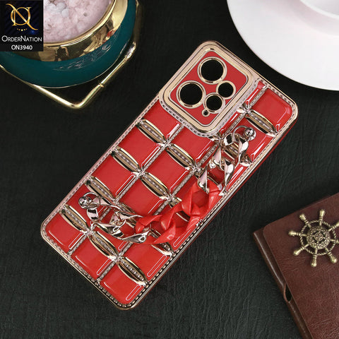 Xiaomi Redmi Note 12 4G Cover - Red - 3D Electroplating Square Grid Design Soft TPU Case With Chain Holder