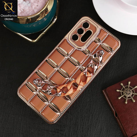 Samsung Galaxy A04s Cover - Brown - 3D Electroplating Square Grid Design Soft TPU Case With Chain Holder