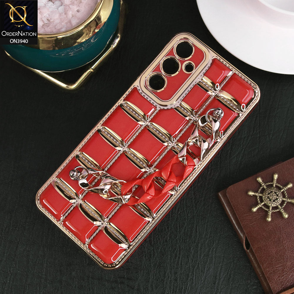 Samsung Galaxy A05s Cover - Red - 3D Electroplating Square Grid Design Soft TPU Case With Chain Holder