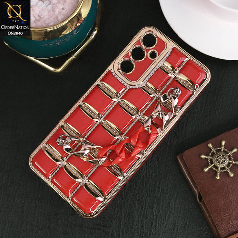 Samsung Galaxy A05s Cover - Red - 3D Electroplating Square Grid Design Soft TPU Case With Chain Holder