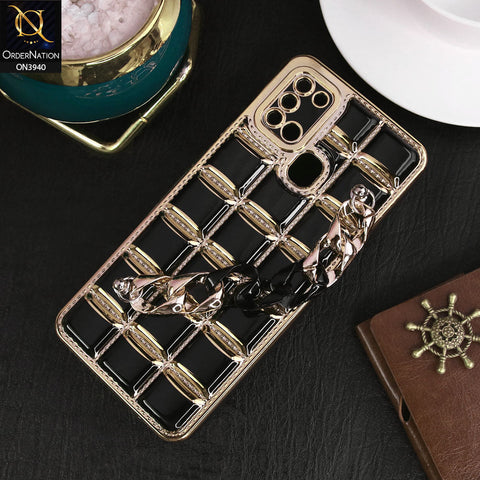 Samsung Galaxy A21s Cover - Black - 3D Electroplating Square Grid Design Soft TPU Case With Chain Holder