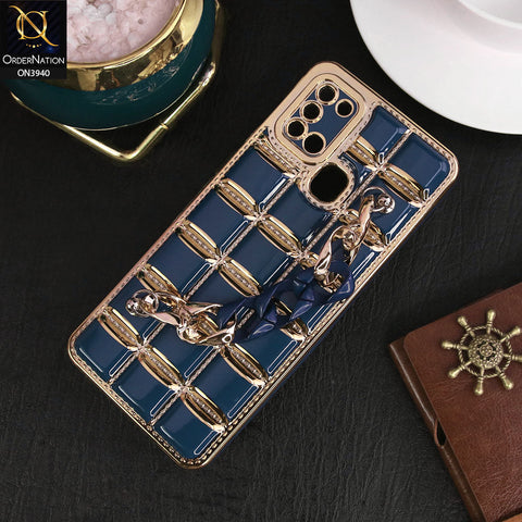 Samsung Galaxy A21s Cover - Blue - 3D Electroplating Square Grid Design Soft TPU Case With Chain Holder