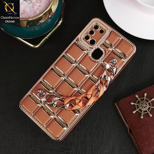 Samsung Galaxy A21s Cover - Brown - 3D Electroplating Square Grid Design Soft TPU Case With Chain Holder