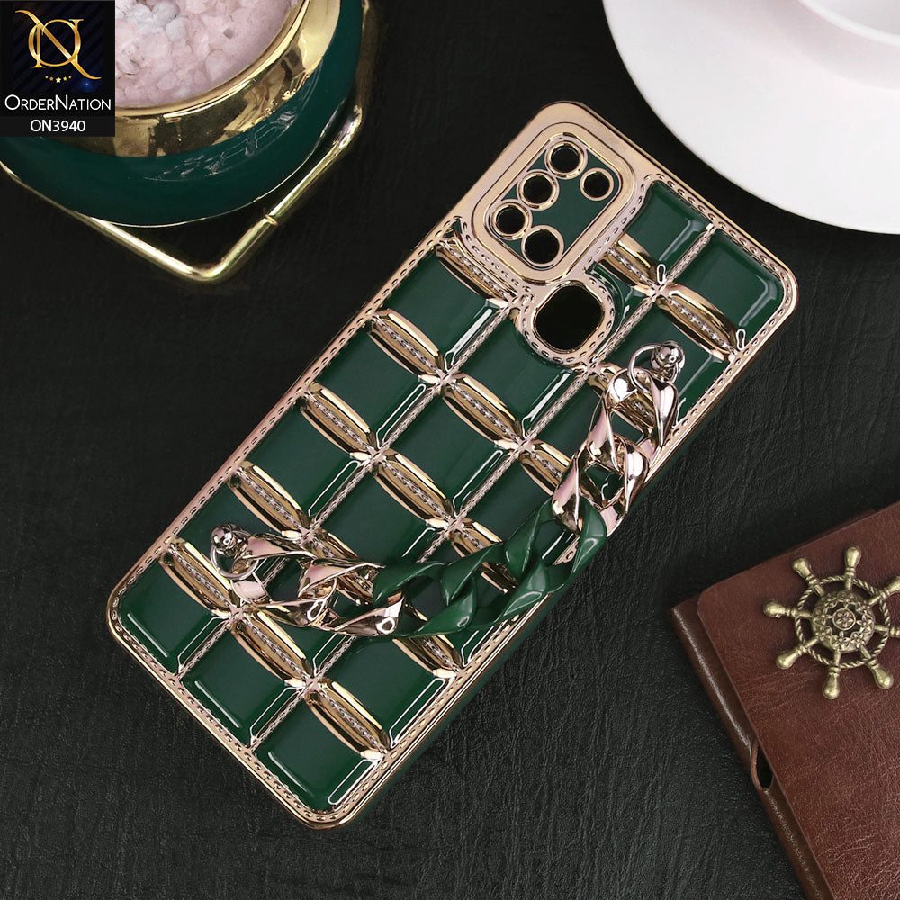 Samsung Galaxy A21s Cover - Dark Green - 3D Electroplating Square Grid Design Soft TPU Case With Chain Holder