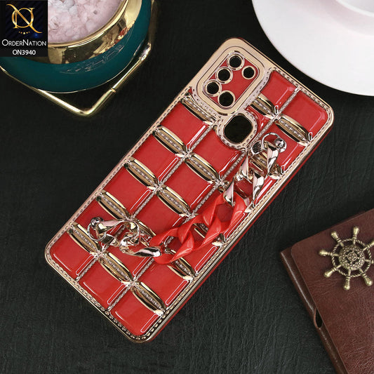 Samsung Galaxy A21s Cover - Red - 3D Electroplating Square Grid Design Soft TPU Case With Chain Holder