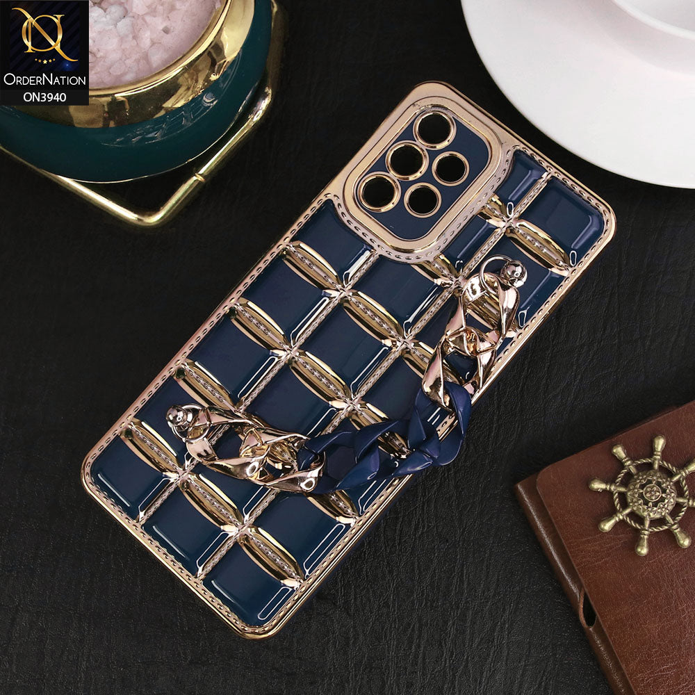 Samsung Galaxy A32 Cover - Blue - 3D Electroplating Square Grid Design Soft TPU Case With Chain Holder