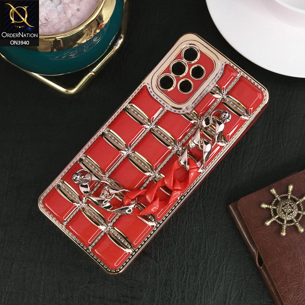 Samsung Galaxy A32 Cover - Red - 3D Electroplating Square Grid Design Soft TPU Case With Chain Holder