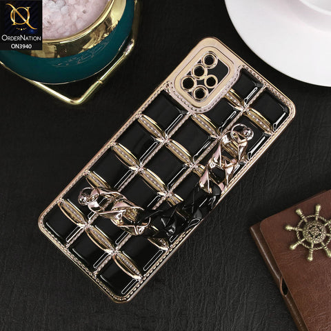 Samsung Galaxy A51 Cover - Black - 3D Electroplating Square Grid Design Soft TPU Case With Chain Holder