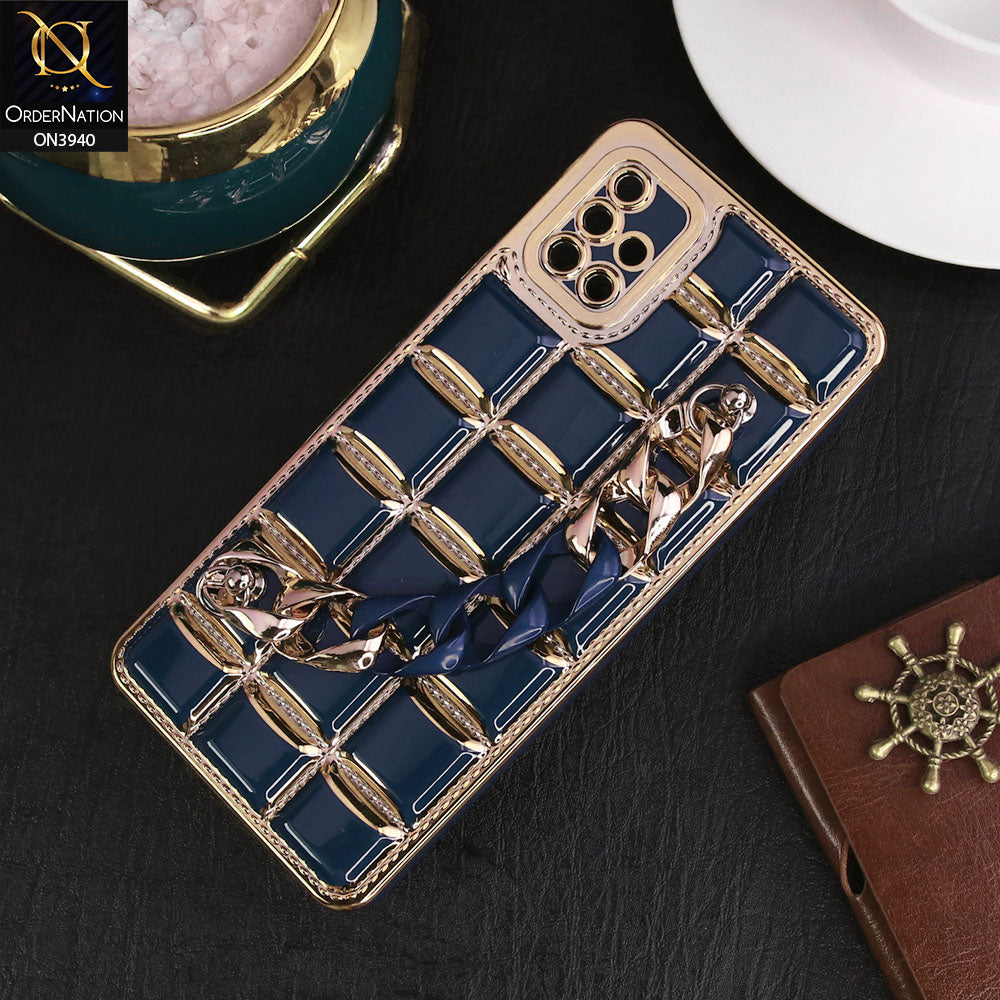 Samsung Galaxy A51 Cover - Blue - 3D Electroplating Square Grid Design Soft TPU Case With Chain Holder