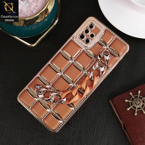 Samsung Galaxy A51 Cover - Brown - 3D Electroplating Square Grid Design Soft TPU Case With Chain Holder
