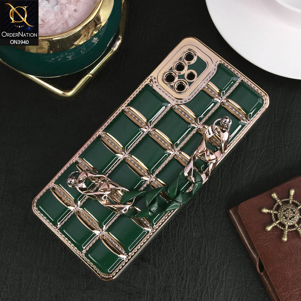 Samsung Galaxy A51 Cover - Dark Green - 3D Electroplating Square Grid Design Soft TPU Case With Chain Holder