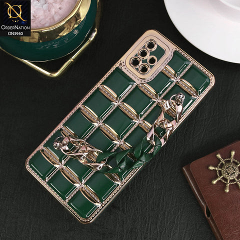 Samsung Galaxy A51 Cover - Dark Green - 3D Electroplating Square Grid Design Soft TPU Case With Chain Holder
