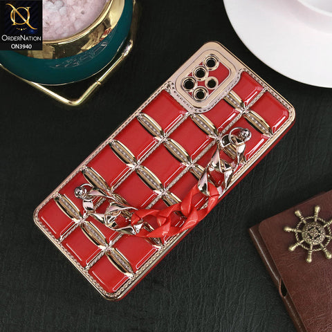 Samsung Galaxy A51 Cover - Red - 3D Electroplating Square Grid Design Soft TPU Case With Chain Holder