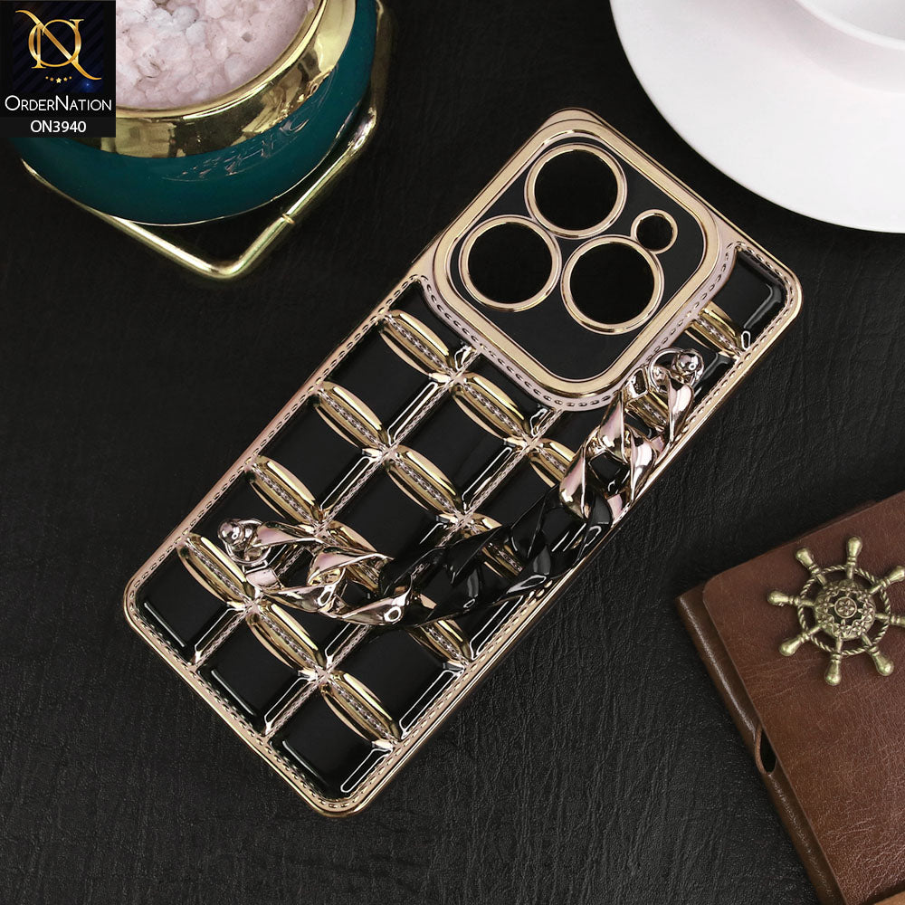 Tecno Spark 20C Cover - Black - 3D Electroplating Square Grid Design Soft TPU Case With Chain Holder