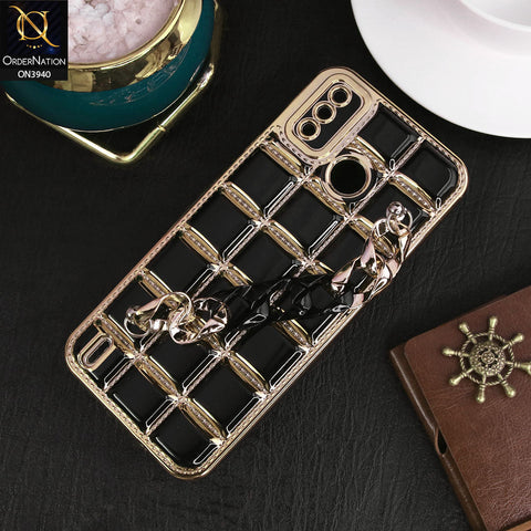 Tecno Spark Go 2020 Cover - Black - 3D Electroplating Square Grid Design Soft TPU Case With Chain Holder