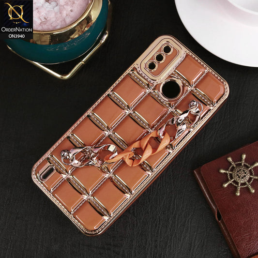 Tecno Spark 6 Go Cover - Brown - 3D Electroplating Square Grid Design Soft TPU Case With Chain Holder