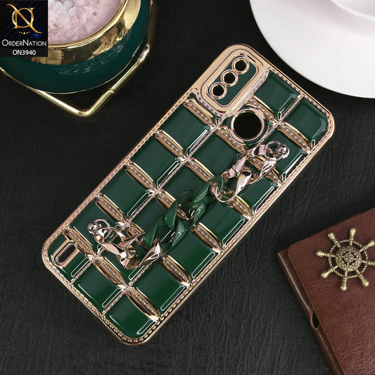 Tecno Spark 6 Go Cover - Dark Green - 3D Electroplating Square Grid Design Soft TPU Case With Chain Holder