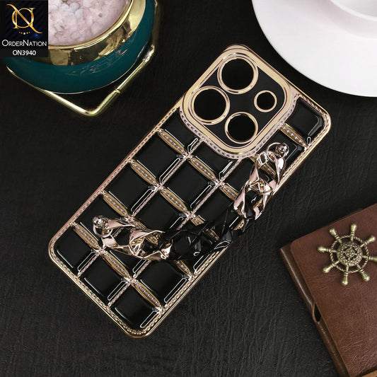 Tecno Pop 7 Cover - Black - 3D Electroplating Square Grid Design Soft TPU Case With Chain Holder