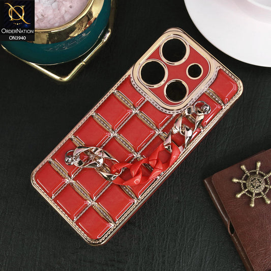 Infinix Smart 7 Cover - Red - 3D Electroplating Square Grid Design Soft TPU Case With Chain Holder