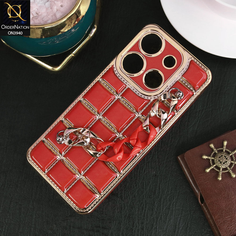 Infinix Smart 7 HD Cover - Red - 3D Electroplating Square Grid Design Soft TPU Case With Chain Holder