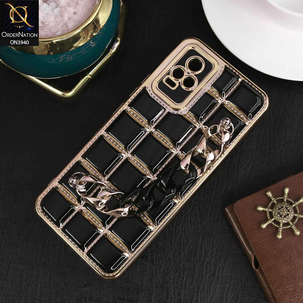 Vivo Y73 Cover - Black - 3D Electroplating Square Grid Design Soft TPU Case With Chain Holder