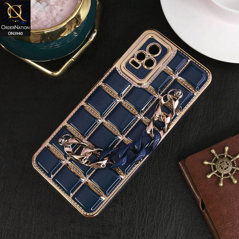Vivo V21e Cover - Blue - 3D Electroplating Square Grid Design Soft TPU Case With Chain Holder
