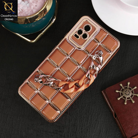 Vivo Y73 Cover - Brown - 3D Electroplating Square Grid Design Soft TPU Case With Chain Holder
