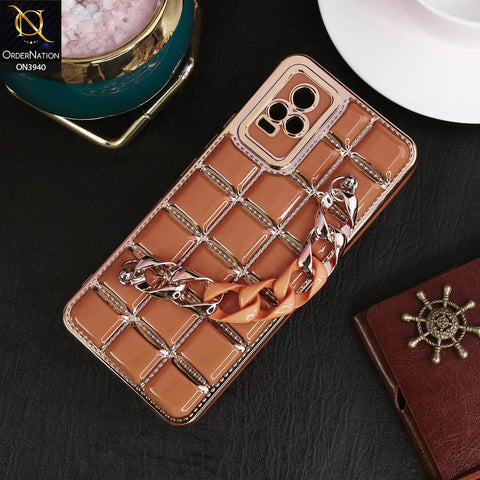 Vivo V21e Cover - Brown - 3D Electroplating Square Grid Design Soft TPU Case With Chain Holder