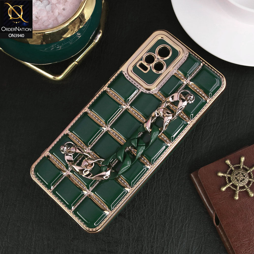 Vivo V21e Cover - Dark Green - 3D Electroplating Square Grid Design Soft TPU Case With Chain Holder