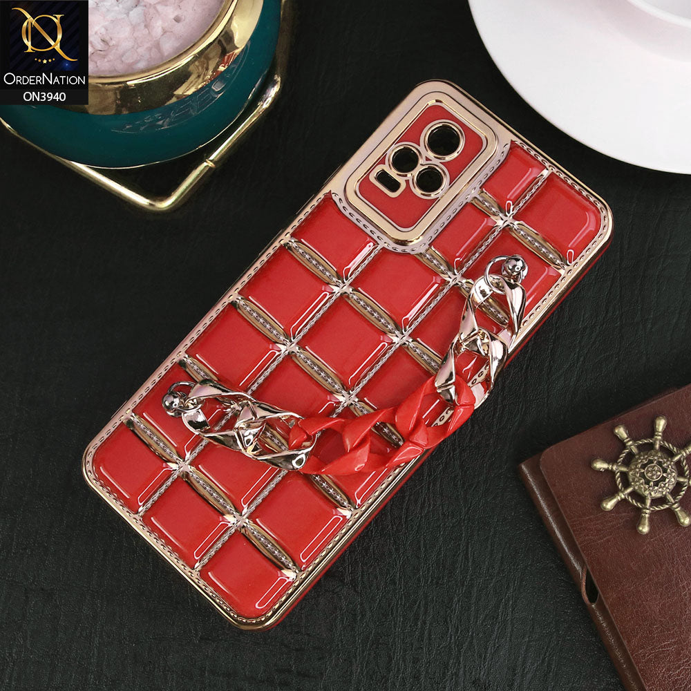 Vivo V21e Cover - Red - 3D Electroplating Square Grid Design Soft TPU Case With Chain Holder
