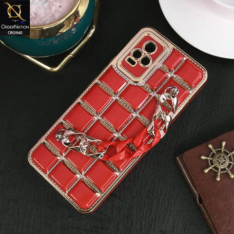 Vivo Y73 Cover - Red - 3D Electroplating Square Grid Design Soft TPU Case With Chain Holder