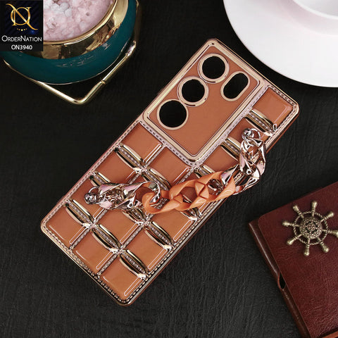 Vivo V29 Cover - Brown - 3D Electroplating Square Grid Design Soft TPU Case With Chain Holder