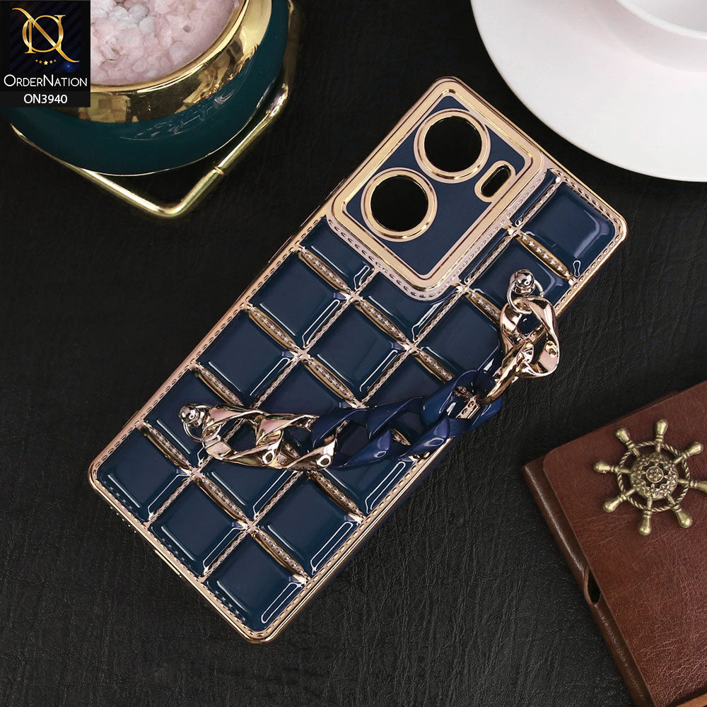 Vivo V29e Cover - Blue - 3D Electroplating Square Grid Design Soft TPU Case With Chain Holder