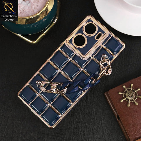Vivo V29e Cover - Blue - 3D Electroplating Square Grid Design Soft TPU Case With Chain Holder