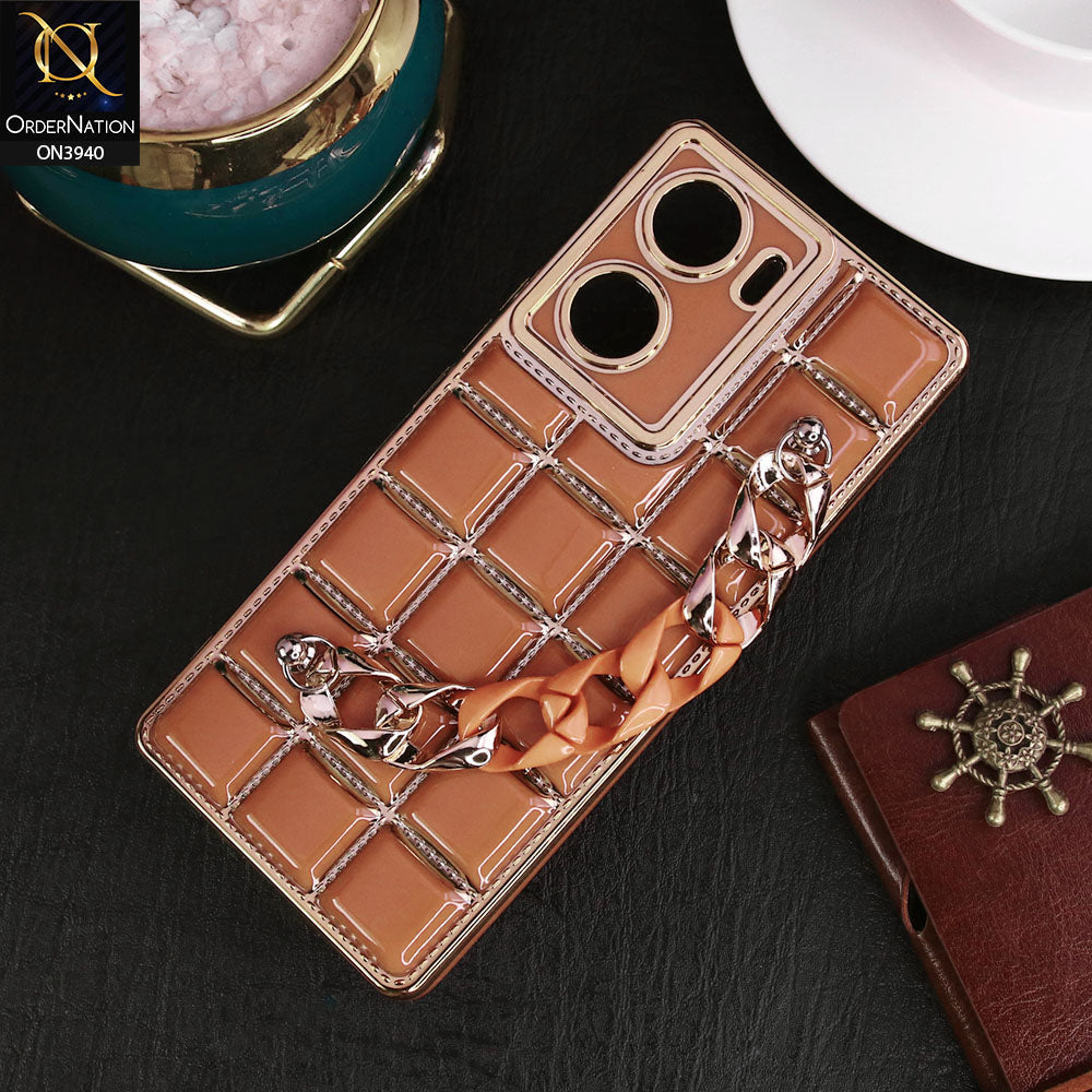 Vivo V29e Cover - Brown - 3D Electroplating Square Grid Design Soft TPU Case With Chain Holder