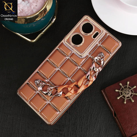 Vivo V29e Cover - Brown - 3D Electroplating Square Grid Design Soft TPU Case With Chain Holder